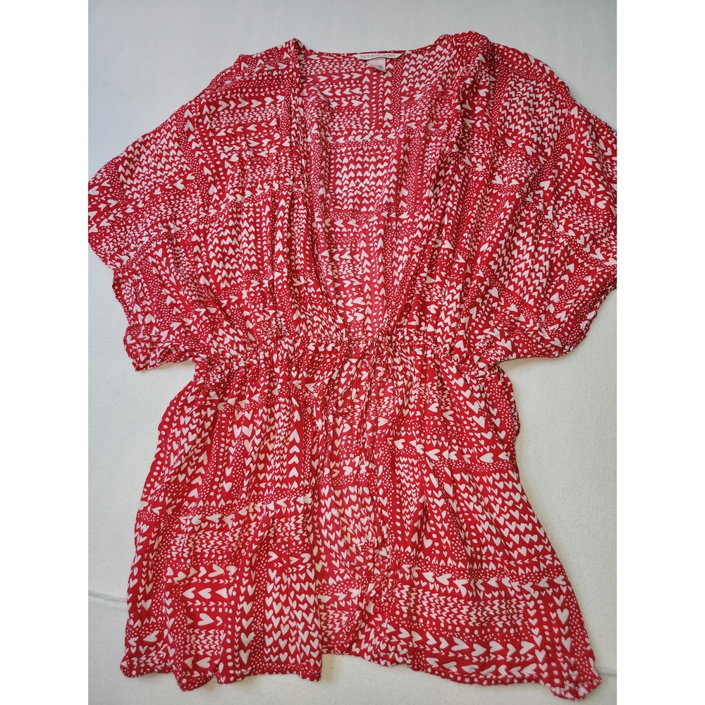 Victoria's Secret Red White Heart Print Beach Swim Cover Up Kimono OS